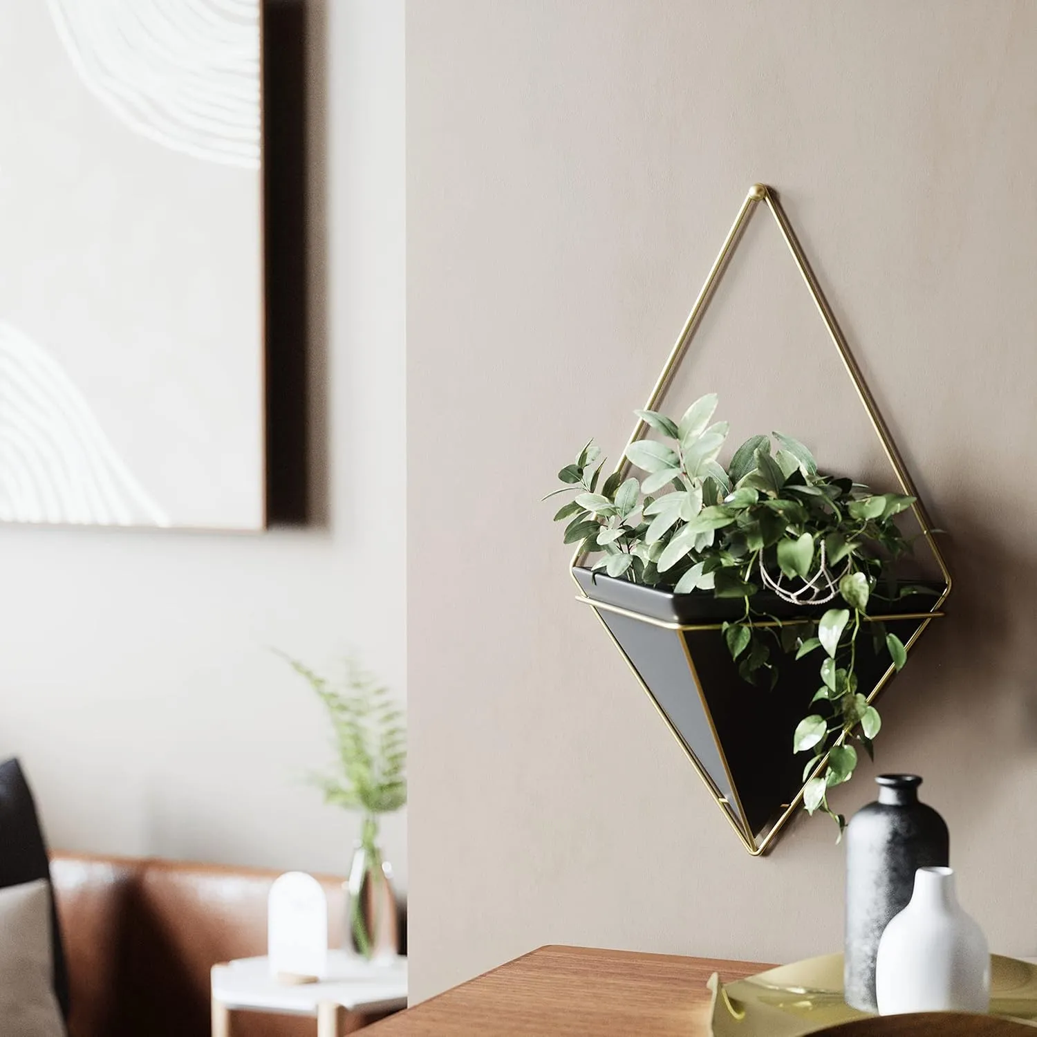 Umbra Trigg Hanging Planter Vase Wall Decor, Pot and Container for Succulents, Cactus, Faux Plants, and More, Large, Black/Brass