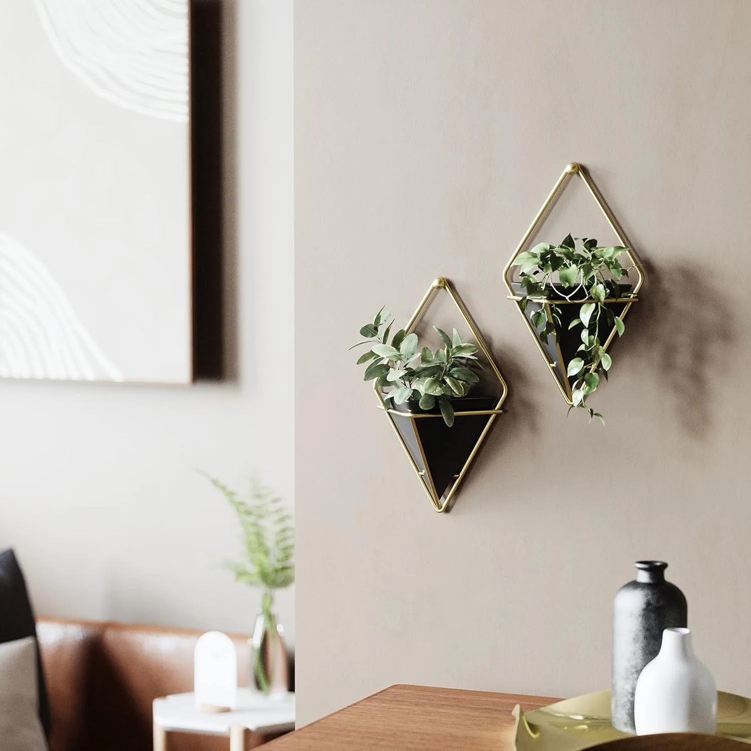 Umbra Trigg Hanging Planter Vase Wall Decor, Set of 2 Pots Containers for Succulents, Cactus, Faux Plants, and More, Small, Black/Brass