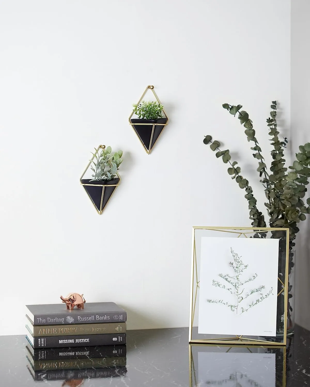 Umbra Trigg Hanging Planter Vase Wall Decor, Set of 2 Pots Containers for Succulents, Cactus, Faux Plants, and More, Small, Black/Brass