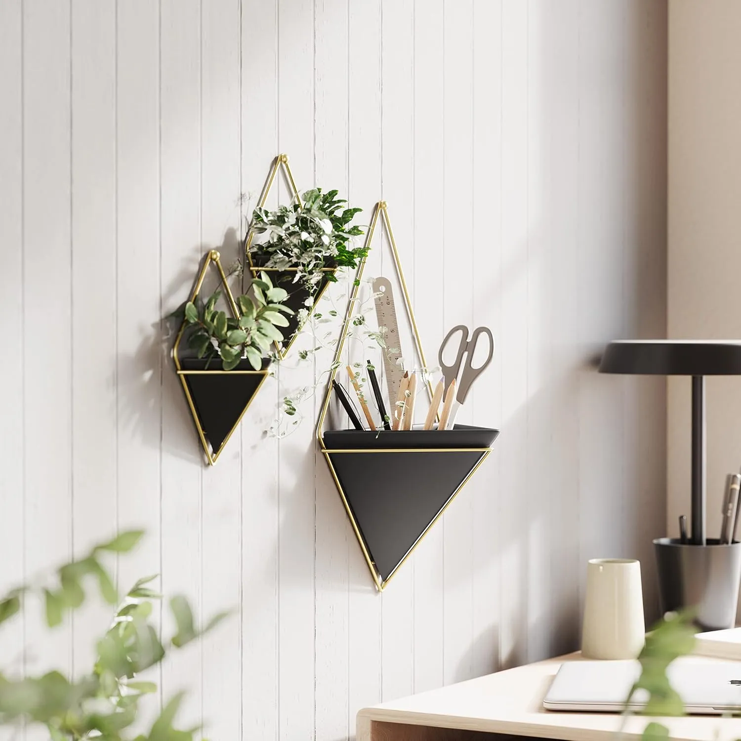 Umbra Trigg Hanging Planter Vase Wall Decor, Set of 2 Pots Containers for Succulents, Cactus, Faux Plants, and More, Small, Black/Brass