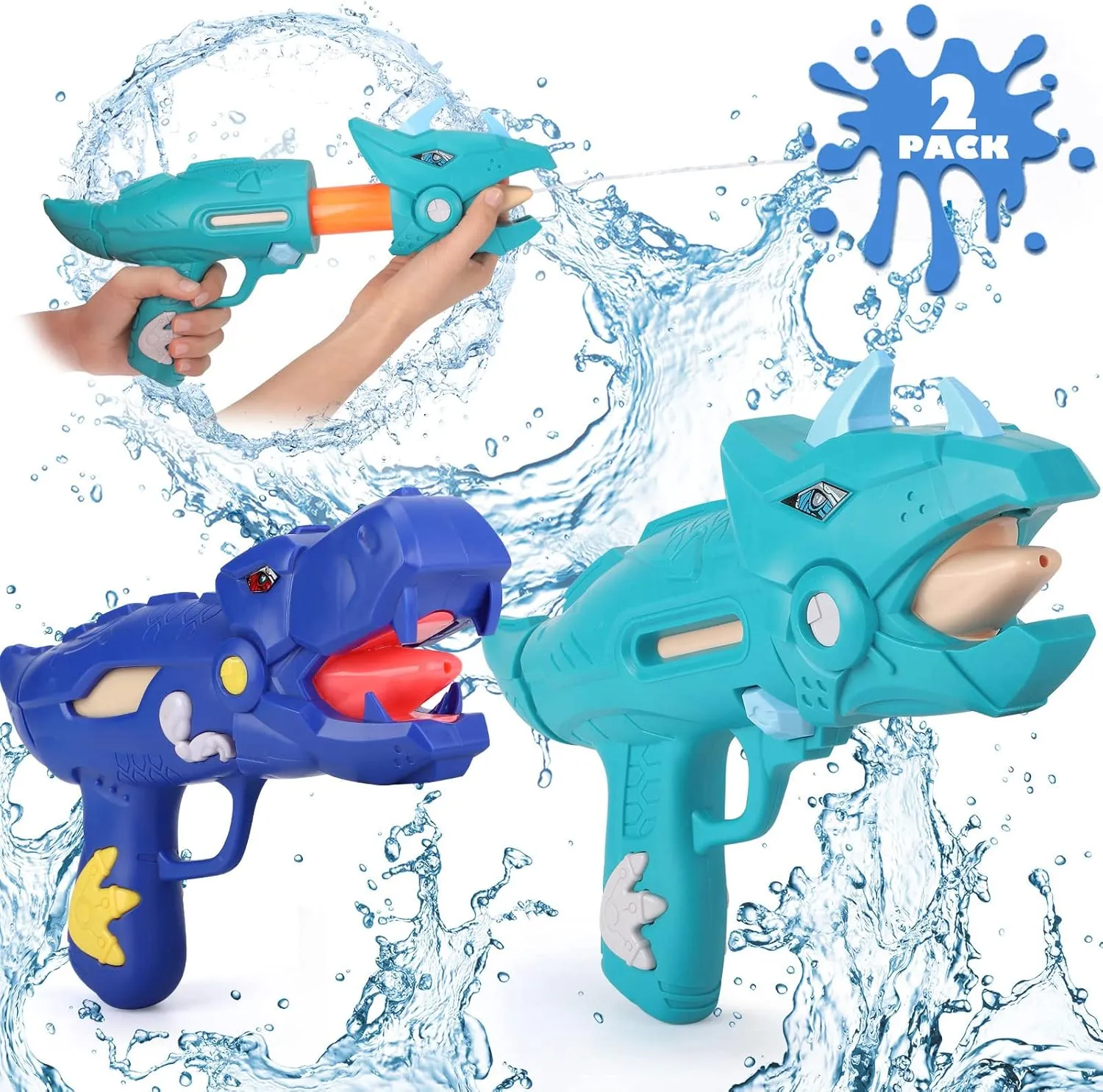 unanscre 2 Pack Dinosaur Water Blaster Soaker Gun for Kids, Dino Pump Action Outdoor Squirt Gun, Long-Range Shooting Water Squirters Toys for Pool/Beach/Yard/Party Play