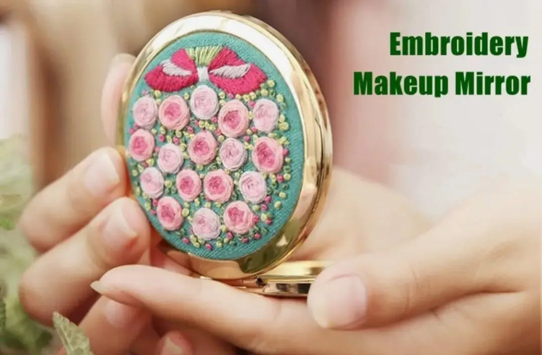 Unique Gift Hand Embroidered compact makeup mirror (Rose bouquet unscented)