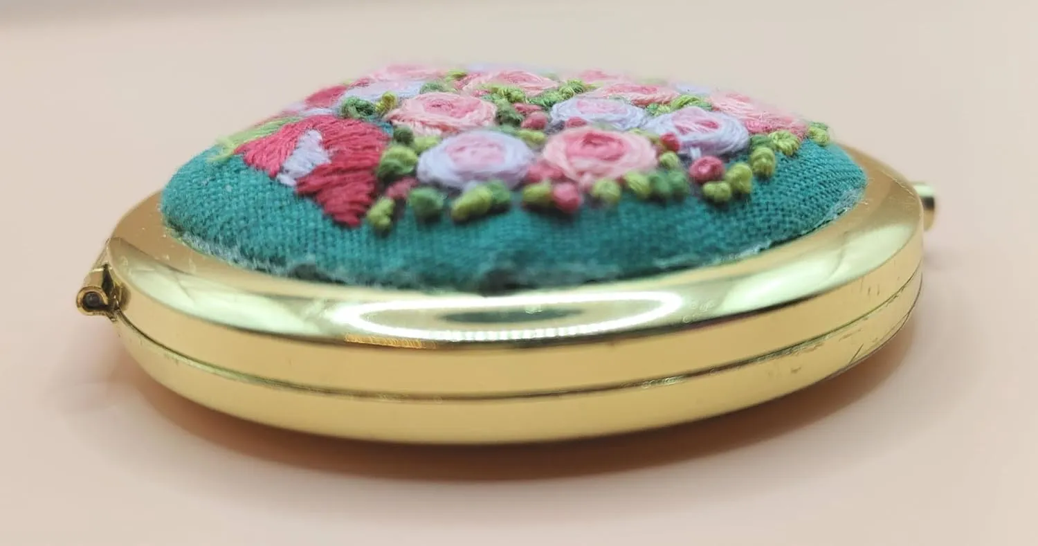 Unique Gift Hand Embroidered compact makeup mirror (Rose bouquet unscented)