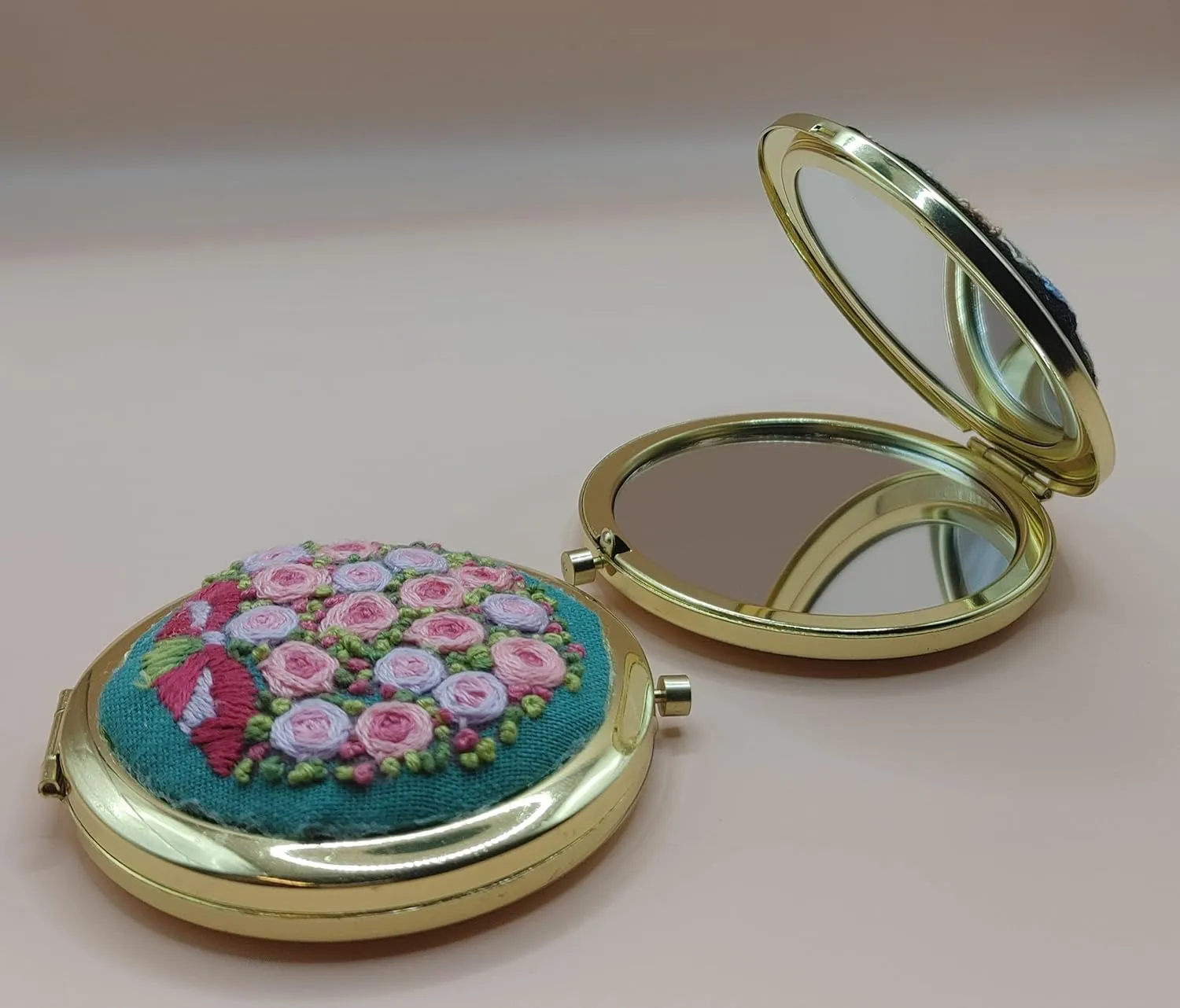 Unique Gift Hand Embroidered compact makeup mirror (Rose bouquet unscented)