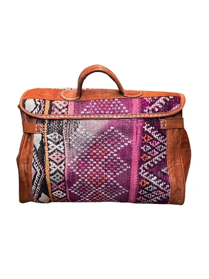 Upcycled Moroccan Carpet & Leather Weekender Bag | Cognac (Morocco)