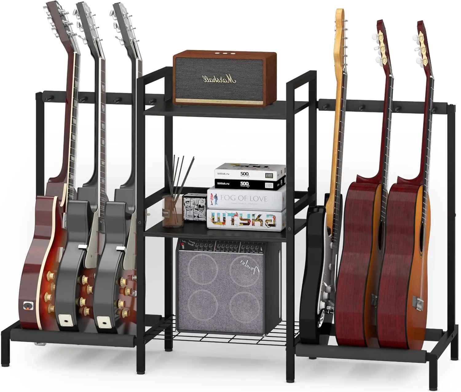 Usinso 6-Space Multi-Instrument Rack - Acoustic, Electric Guitar, Bass, Ukuleles & Amp Accessories - 29'H Home Music Studio Display