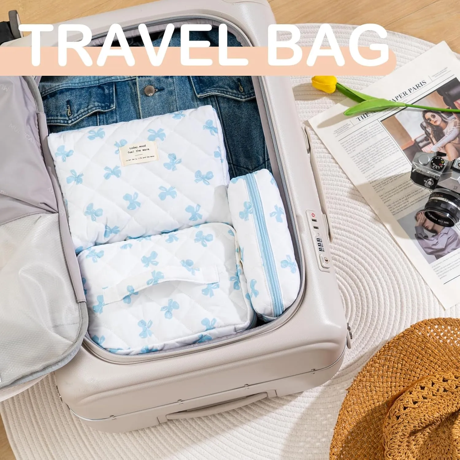 UYUUY Makeup Bag for Women 3PCS Quilted Cotton Make Up Bag Travel Cosmetic Bag Large Makeup Bag Set Cute Blue Bow Makeup Bag Organizer Floral Toiletry Bag Makeup Pouch for Purse
