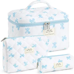 UYUUY Makeup Bag for Women 3PCS Quilted Cotton Make Up Bag Travel Cosmetic Bag Large Makeup Bag Set Cute Blue Bow Makeup Bag Organizer Floral Toiletry Bag Makeup Pouch for Purse