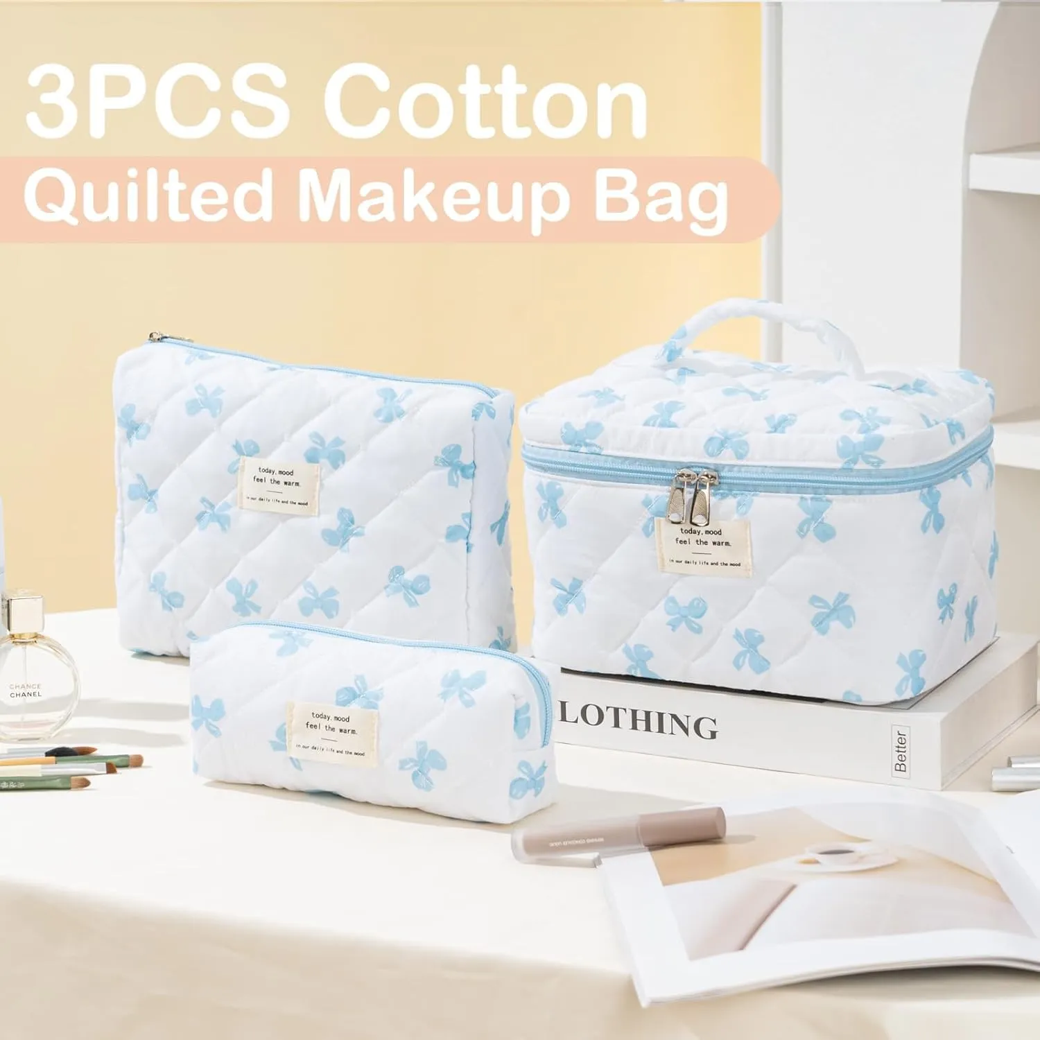 UYUUY Makeup Bag for Women 3PCS Quilted Cotton Make Up Bag Travel Cosmetic Bag Large Makeup Bag Set Cute Blue Bow Makeup Bag Organizer Floral Toiletry Bag Makeup Pouch for Purse