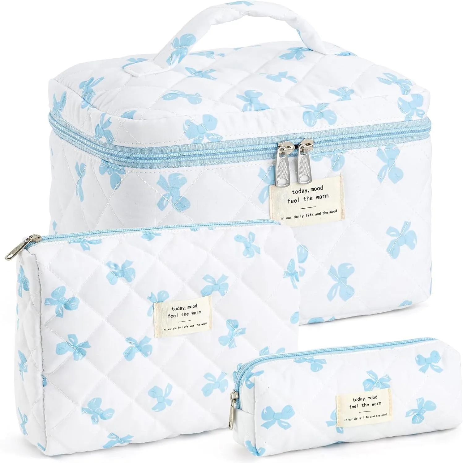 UYUUY Makeup Bag for Women 3PCS Quilted Cotton Make Up Bag Travel Cosmetic Bag Large Makeup Bag Set Cute Blue Bow Makeup Bag Organizer Floral Toiletry Bag Makeup Pouch for Purse