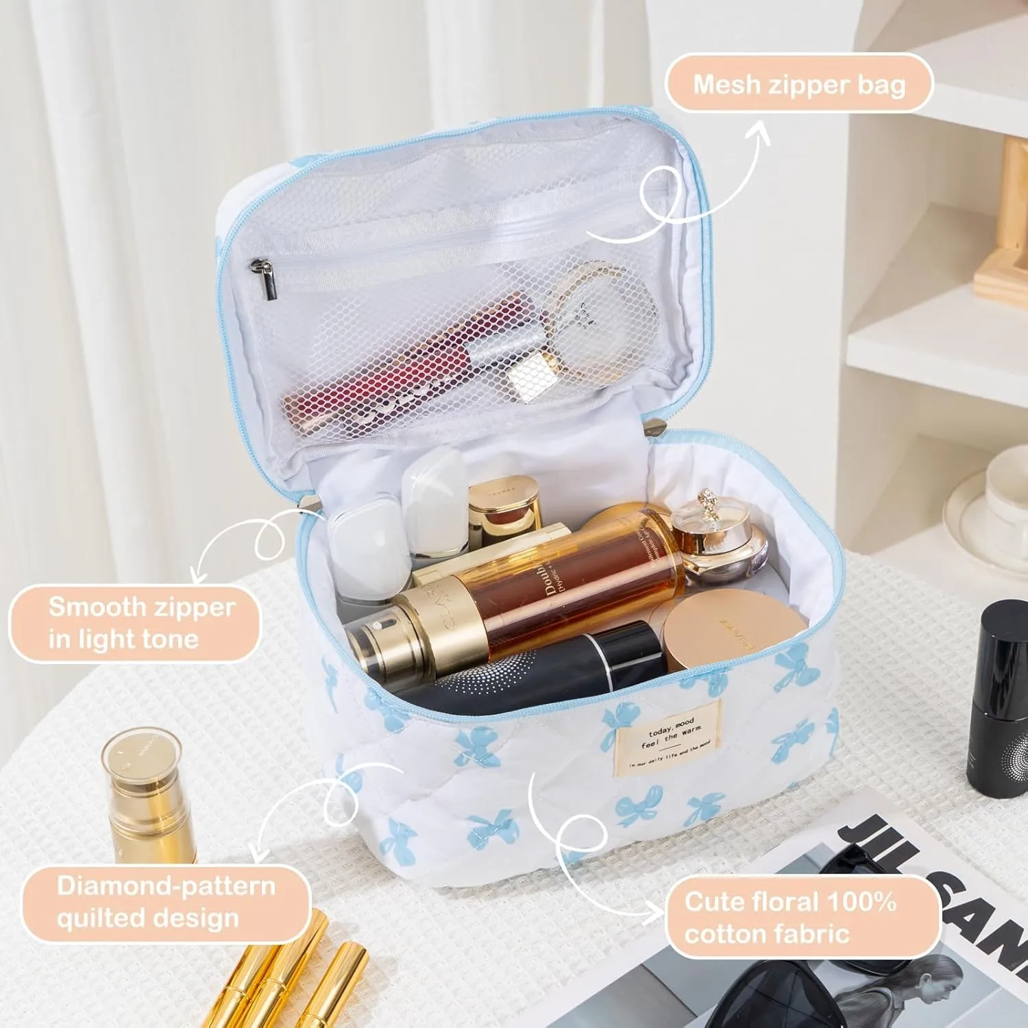 UYUUY Makeup Bag for Women 3PCS Quilted Cotton Make Up Bag Travel Cosmetic Bag Large Makeup Bag Set Cute Blue Bow Makeup Bag Organizer Floral Toiletry Bag Makeup Pouch for Purse