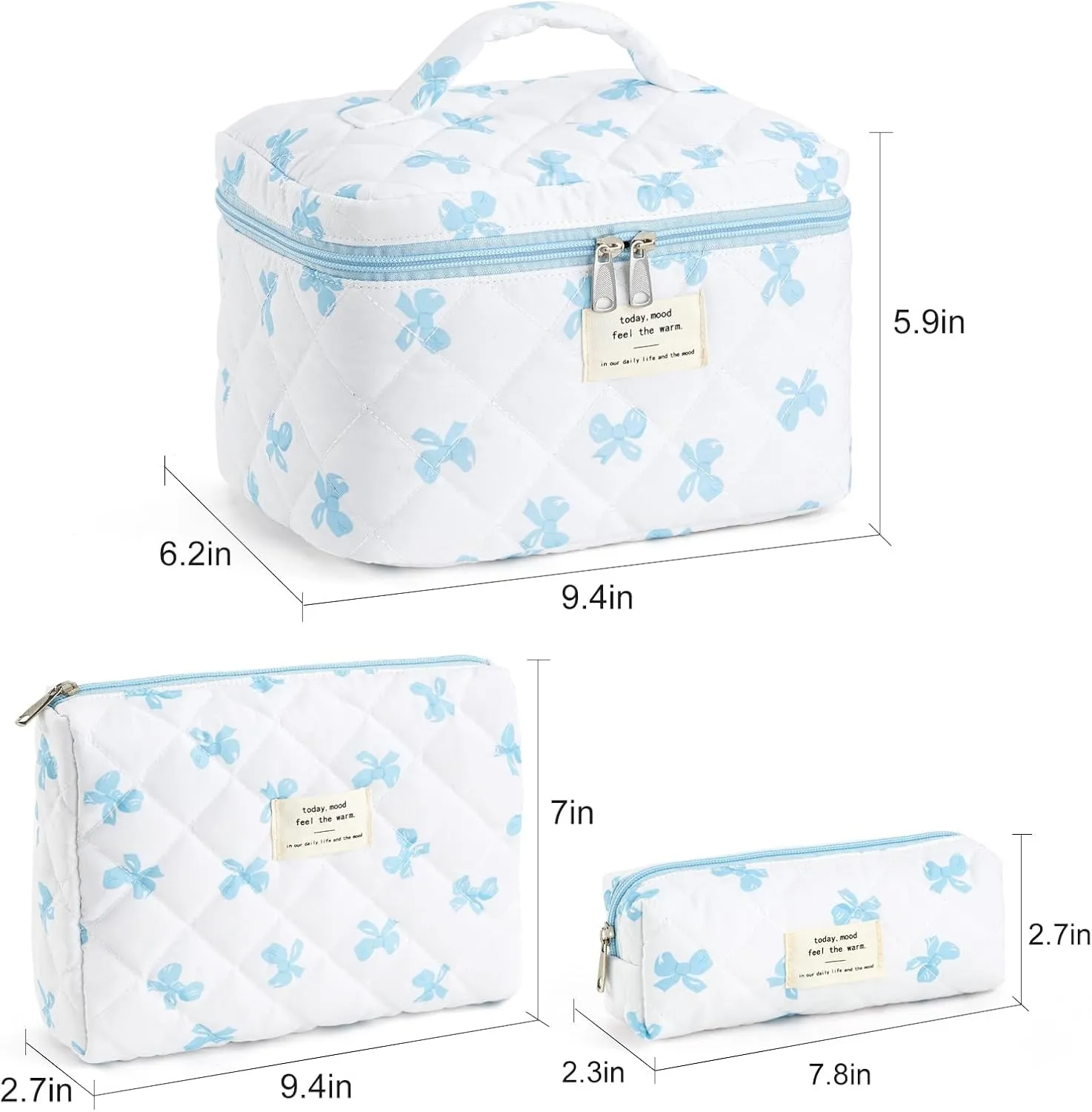 UYUUY Makeup Bag for Women 3PCS Quilted Cotton Make Up Bag Travel Cosmetic Bag Large Makeup Bag Set Cute Blue Bow Makeup Bag Organizer Floral Toiletry Bag Makeup Pouch for Purse