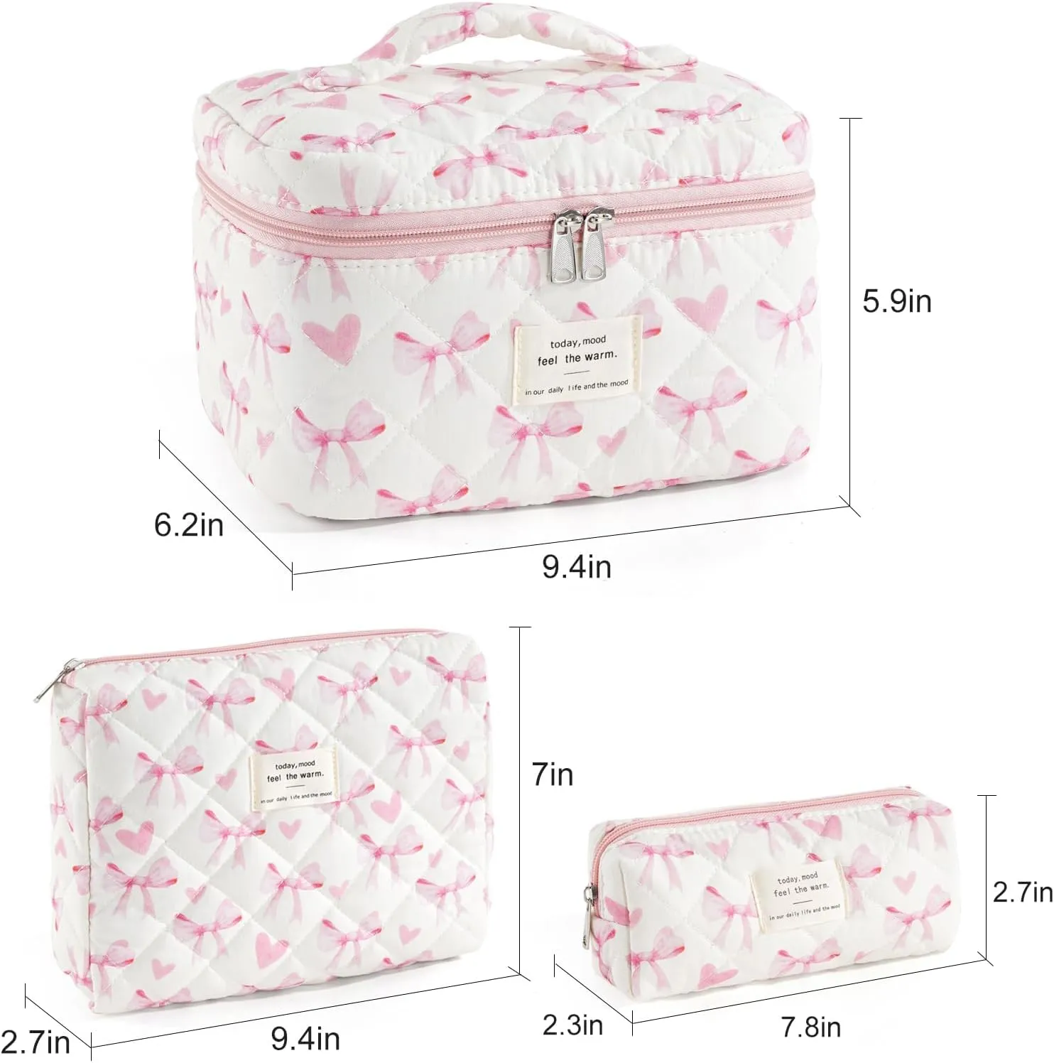 UYUUY Makeup Bag for Women 3PCS Quilted Cotton Make Up Bag Travel Cosmetic Bag Large Makeup Bag Set Cute Bow Makeup Bag Organizer Floral Toiletry Bag Makeup Pouch for Purse, Bow A