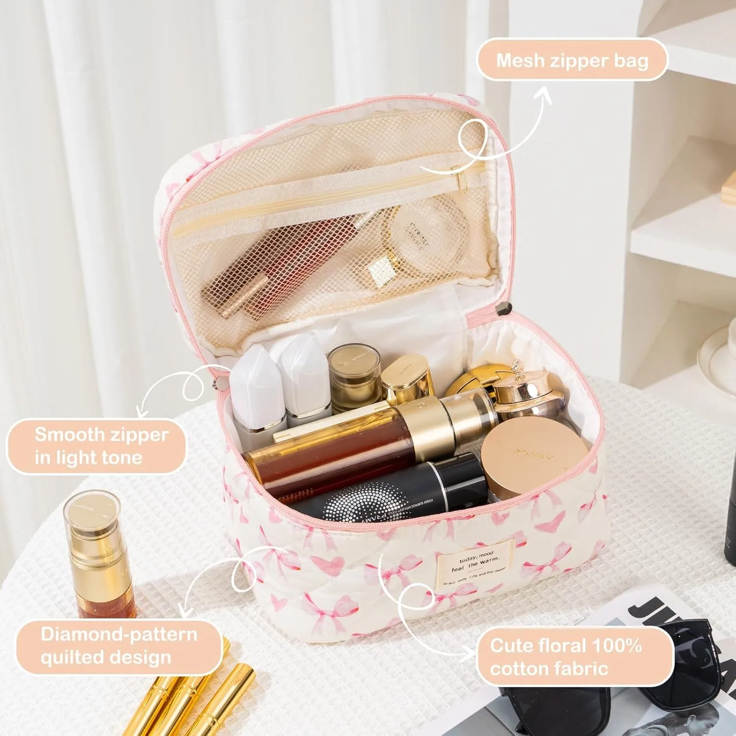 UYUUY Makeup Bag for Women 3PCS Quilted Cotton Make Up Bag Travel Cosmetic Bag Large Makeup Bag Set Cute Bow Makeup Bag Organizer Floral Toiletry Bag Makeup Pouch for Purse, Bow A