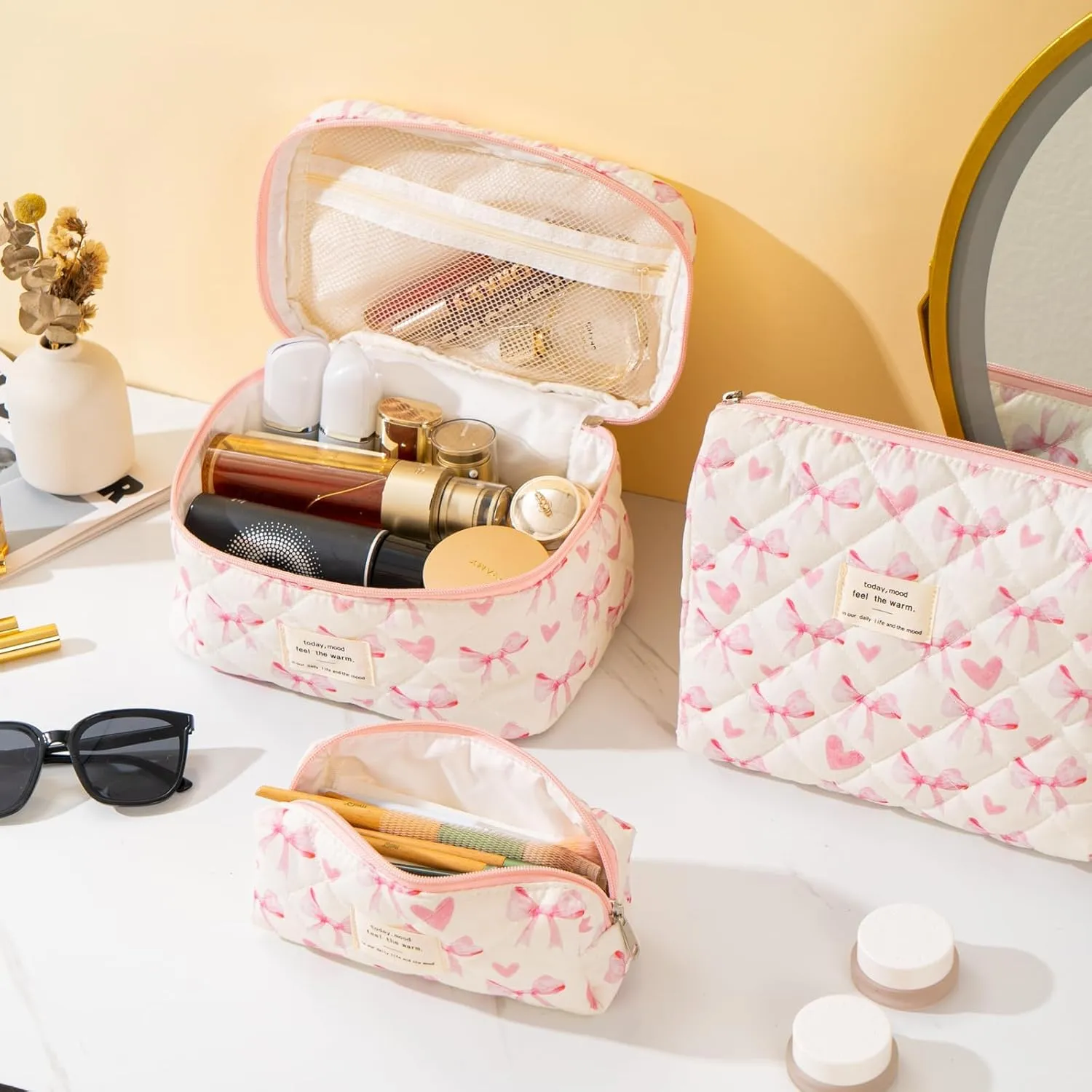 UYUUY Makeup Bag for Women 3PCS Quilted Cotton Make Up Bag Travel Cosmetic Bag Large Makeup Bag Set Cute Bow Makeup Bag Organizer Floral Toiletry Bag Makeup Pouch for Purse, Bow A