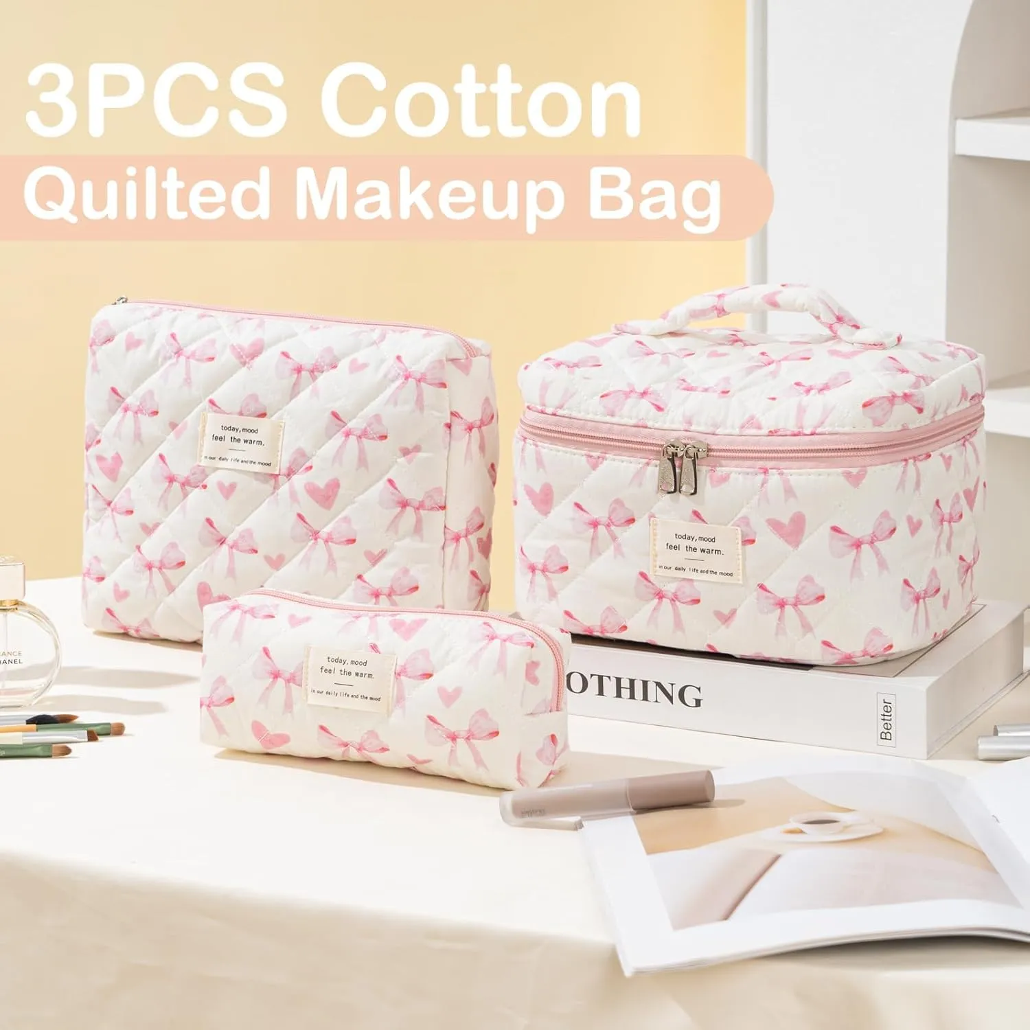 UYUUY Makeup Bag for Women 3PCS Quilted Cotton Make Up Bag Travel Cosmetic Bag Large Makeup Bag Set Cute Bow Makeup Bag Organizer Floral Toiletry Bag Makeup Pouch for Purse, Bow A