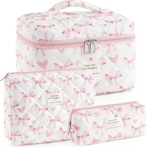 UYUUY Makeup Bag for Women 3PCS Quilted Cotton Make Up Bag Travel Cosmetic Bag Large Makeup Bag Set Cute Bow Makeup Bag Organizer Floral Toiletry Bag Makeup Pouch for Purse, Bow A