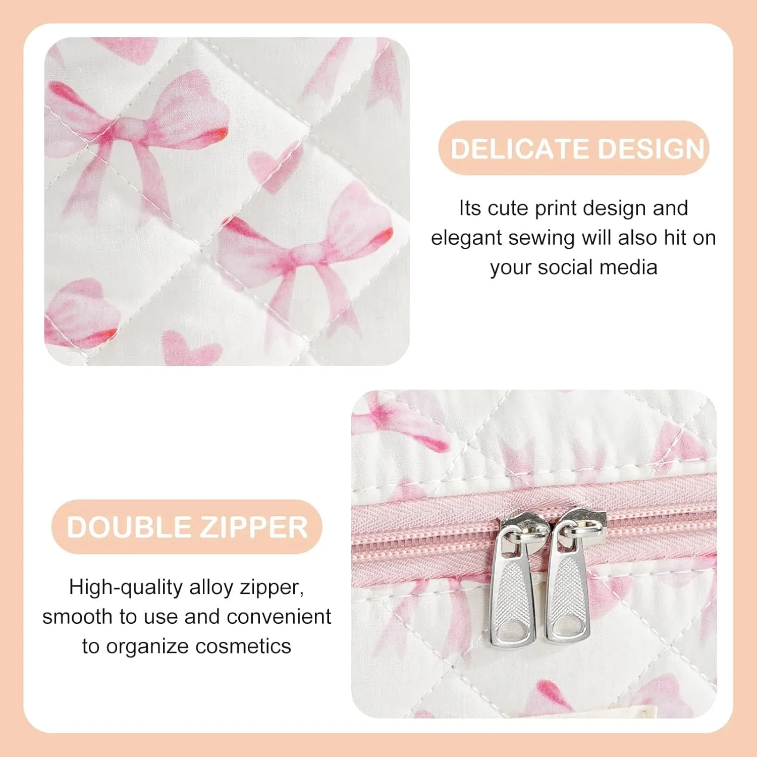 UYUUY Makeup Bag for Women 3PCS Quilted Cotton Make Up Bag Travel Cosmetic Bag Large Makeup Bag Set Cute Bow Makeup Bag Organizer Floral Toiletry Bag Makeup Pouch for Purse, Bow A