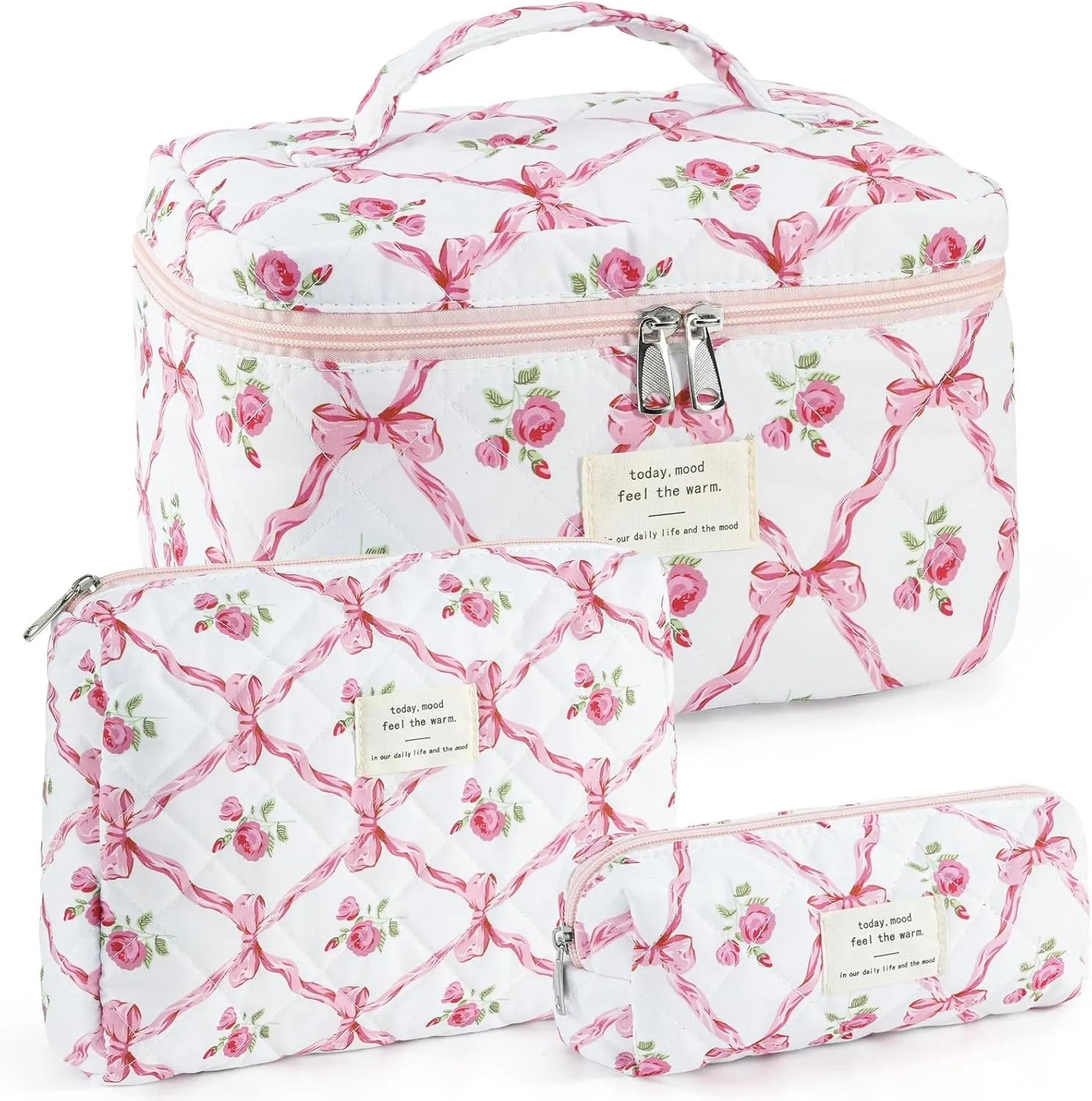 UYUUY Makeup Bag for Women 3PCS Quilted Cotton Make Up Bag Travel Cosmetic Bag Large Makeup Bag Set Cute Bow Makeup Bag Organizer Floral Toiletry Bag Makeup Pouch for Purse, Pink