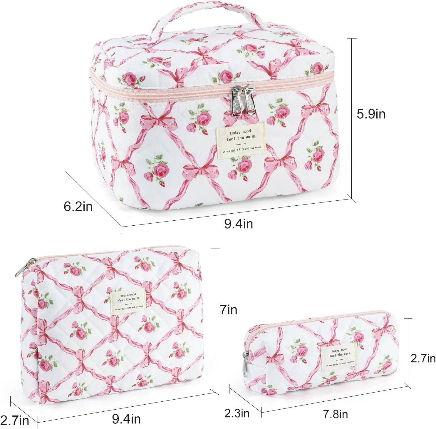 UYUUY Makeup Bag for Women 3PCS Quilted Cotton Make Up Bag Travel Cosmetic Bag Large Makeup Bag Set Cute Bow Makeup Bag Organizer Floral Toiletry Bag Makeup Pouch for Purse, Pink