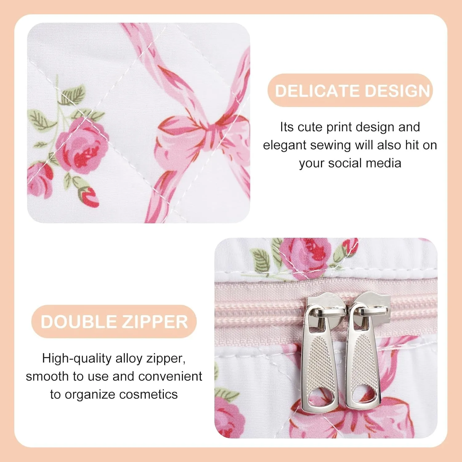 UYUUY Makeup Bag for Women 3PCS Quilted Cotton Make Up Bag Travel Cosmetic Bag Large Makeup Bag Set Cute Bow Makeup Bag Organizer Floral Toiletry Bag Makeup Pouch for Purse, Pink