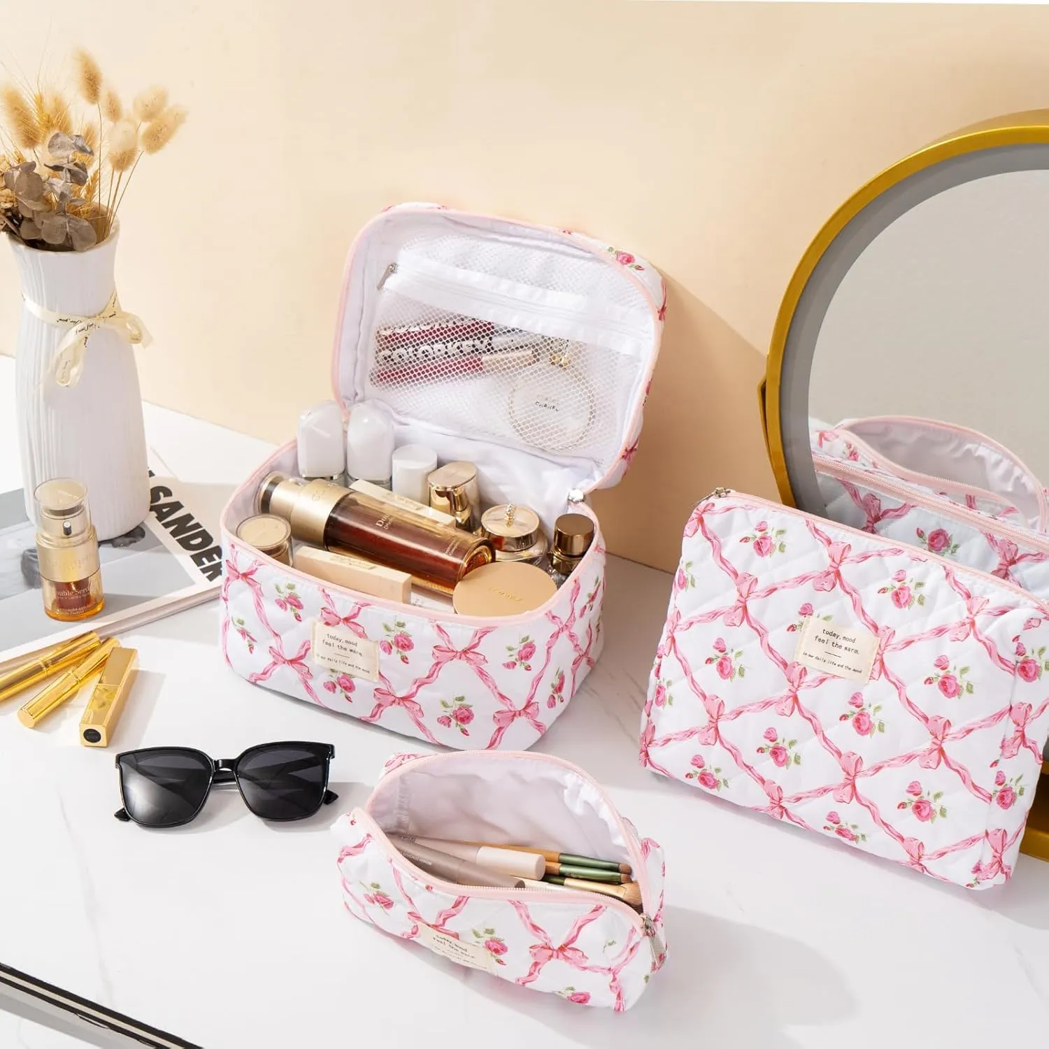 UYUUY Makeup Bag for Women 3PCS Quilted Cotton Make Up Bag Travel Cosmetic Bag Large Makeup Bag Set Cute Bow Makeup Bag Organizer Floral Toiletry Bag Makeup Pouch for Purse, Pink