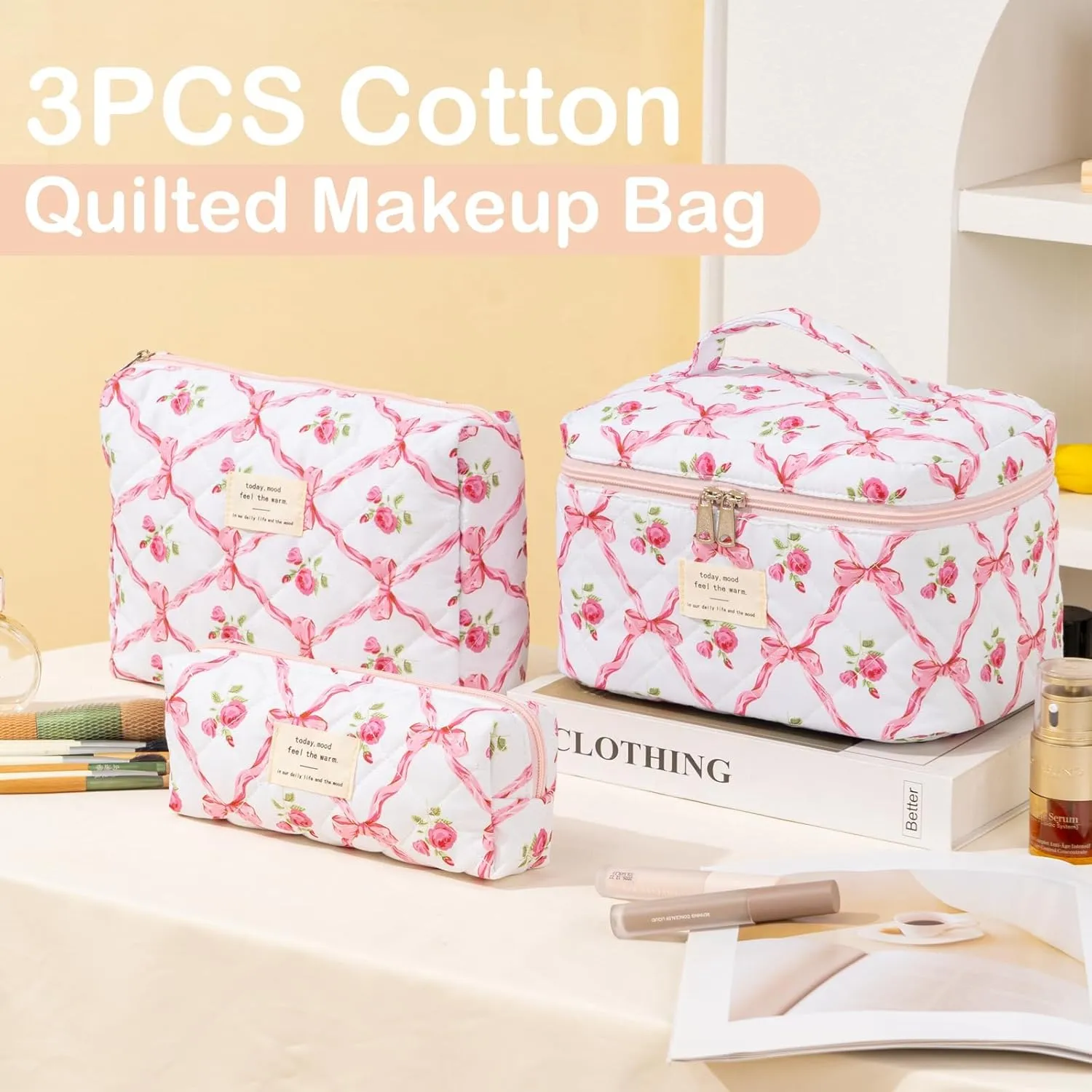 UYUUY Makeup Bag for Women 3PCS Quilted Cotton Make Up Bag Travel Cosmetic Bag Large Makeup Bag Set Cute Bow Makeup Bag Organizer Floral Toiletry Bag Makeup Pouch for Purse, Pink