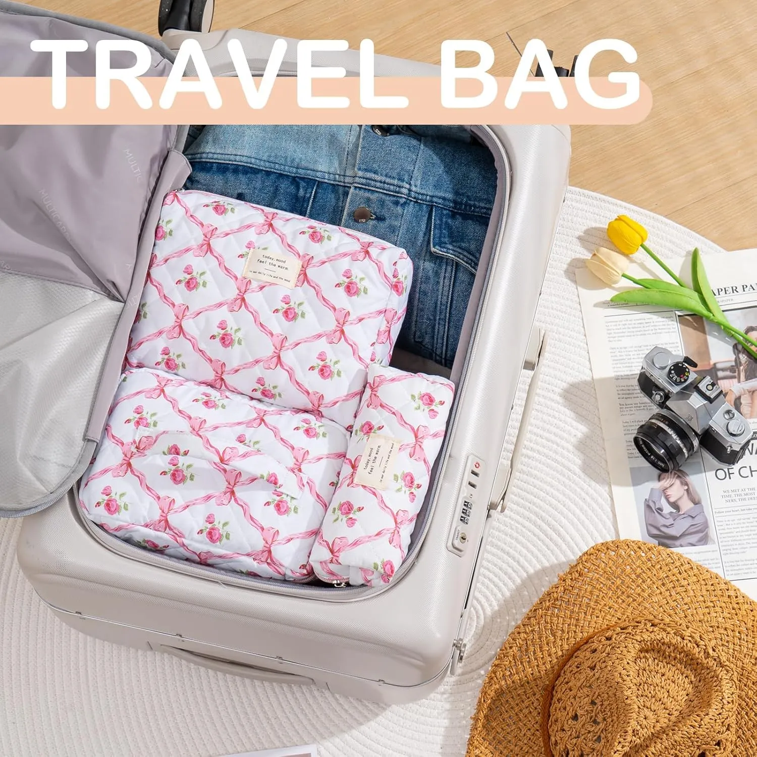 UYUUY Makeup Bag for Women 3PCS Quilted Cotton Make Up Bag Travel Cosmetic Bag Large Makeup Bag Set Cute Bow Makeup Bag Organizer Floral Toiletry Bag Makeup Pouch for Purse, Pink