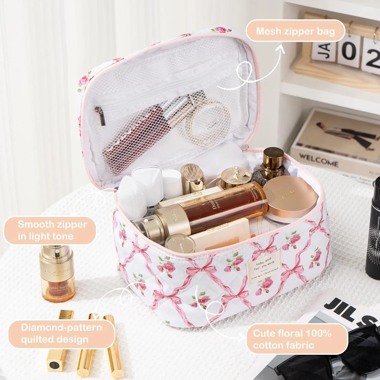 UYUUY Makeup Bag for Women 3PCS Quilted Cotton Make Up Bag Travel Cosmetic Bag Large Makeup Bag Set Cute Bow Makeup Bag Organizer Floral Toiletry Bag Makeup Pouch for Purse, Pink