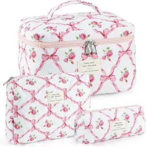 UYUUY Makeup Bag for Women 3PCS Quilted Cotton Make Up Bag Travel Cosmetic Bag Large Makeup Bag Set Cute Bow Makeup Bag Organizer Floral Toiletry Bag Makeup Pouch for Purse, Pink