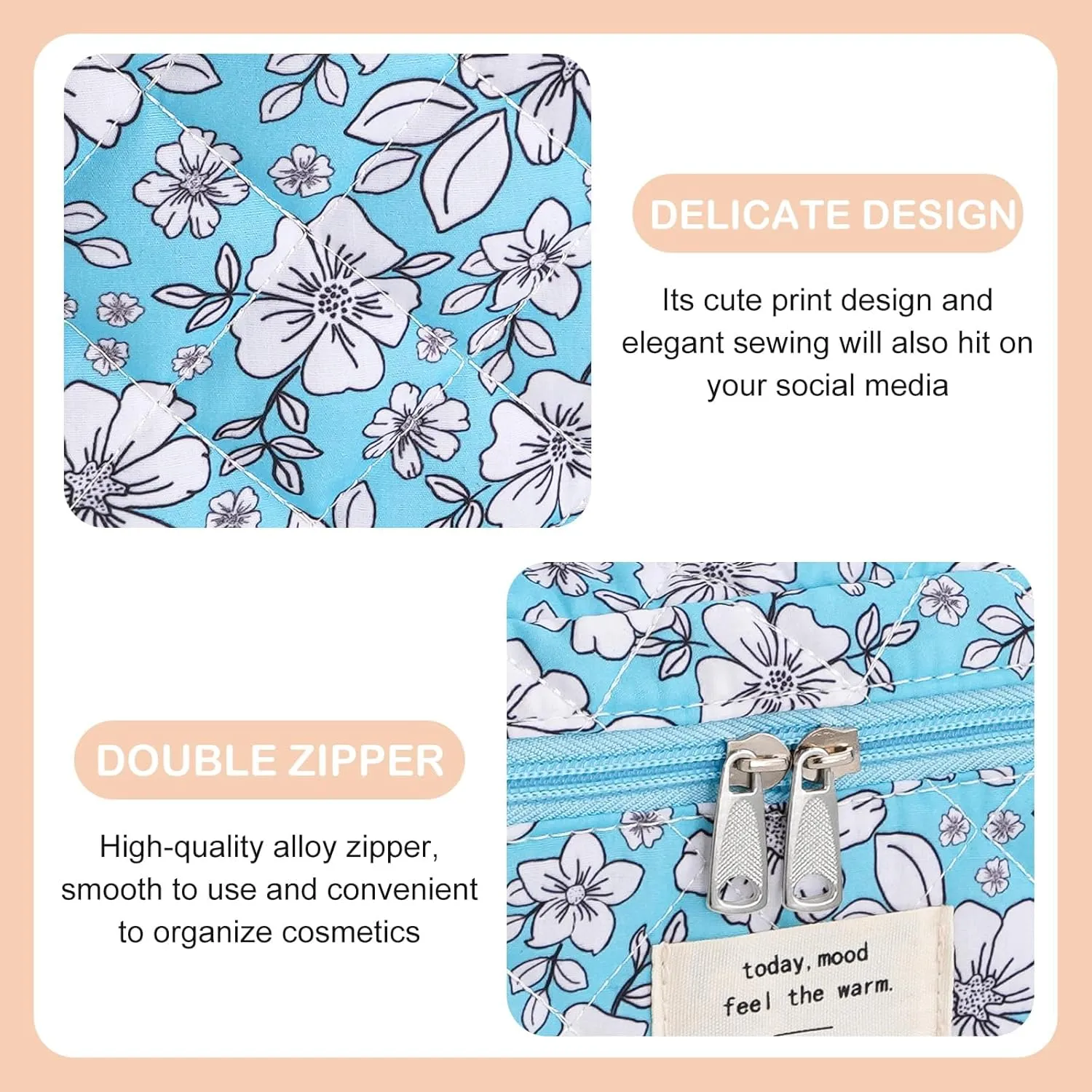 UYUUY Makeup Bag for Women 3PCS Quilted Cotton Make Up Bag Travel Cosmetic Bag Large Makeup Bag Set Cute Makeup Bag Organizer Floral Toiletry Bag Makeup Pouch for Purse, Blue and White