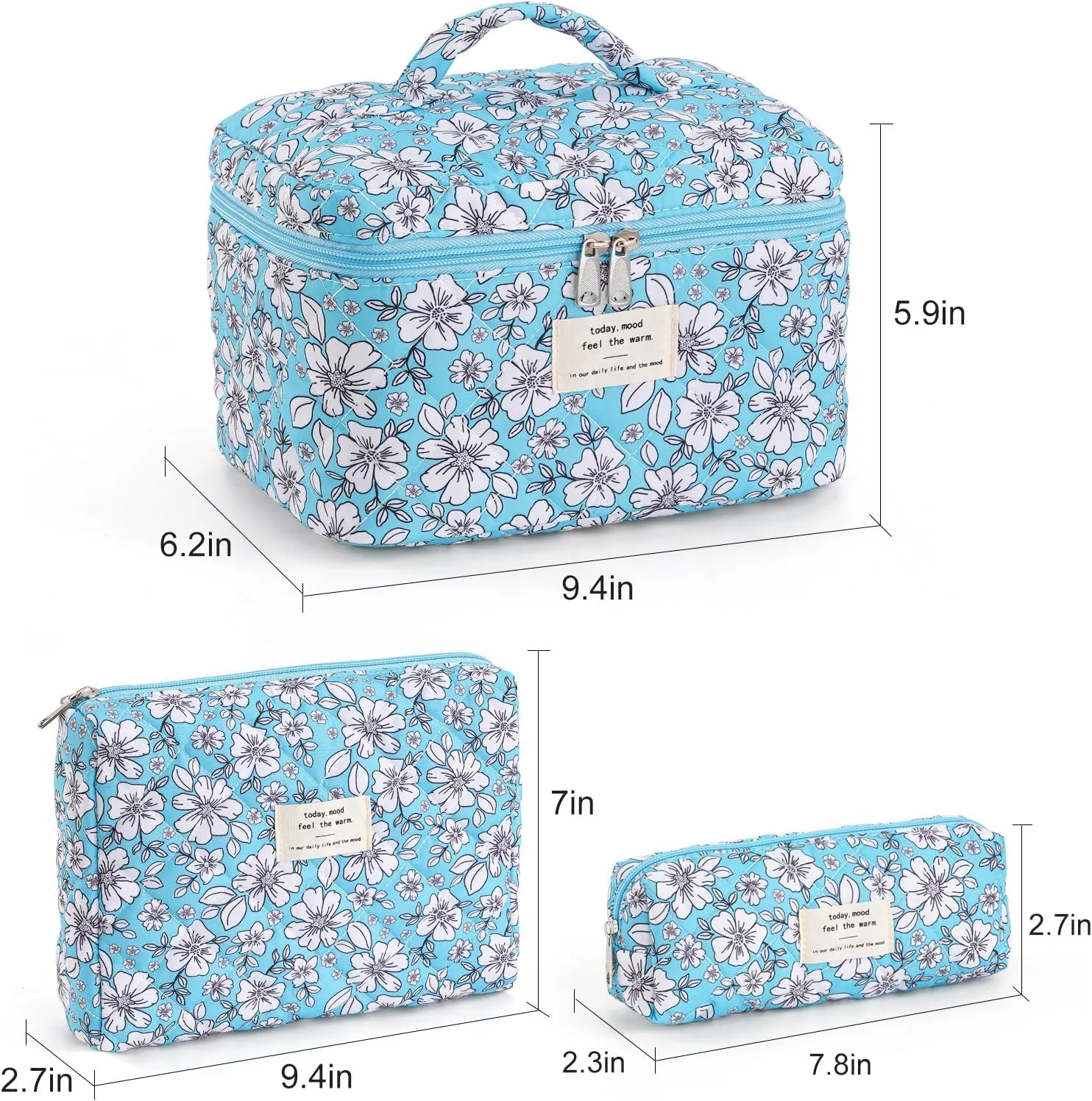 UYUUY Makeup Bag for Women 3PCS Quilted Cotton Make Up Bag Travel Cosmetic Bag Large Makeup Bag Set Cute Makeup Bag Organizer Floral Toiletry Bag Makeup Pouch for Purse, Blue and White