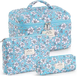 UYUUY Makeup Bag for Women 3PCS Quilted Cotton Make Up Bag Travel Cosmetic Bag Large Makeup Bag Set Cute Makeup Bag Organizer Floral Toiletry Bag Makeup Pouch for Purse, Blue and White