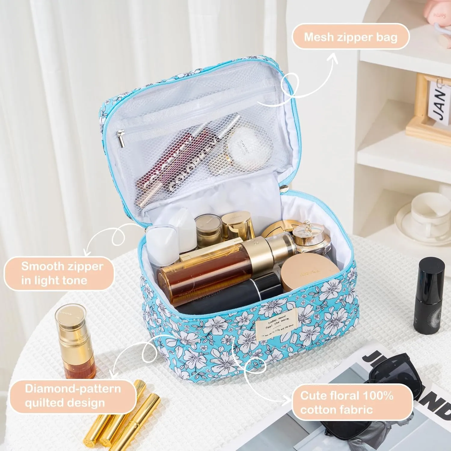 UYUUY Makeup Bag for Women 3PCS Quilted Cotton Make Up Bag Travel Cosmetic Bag Large Makeup Bag Set Cute Makeup Bag Organizer Floral Toiletry Bag Makeup Pouch for Purse, Blue and White