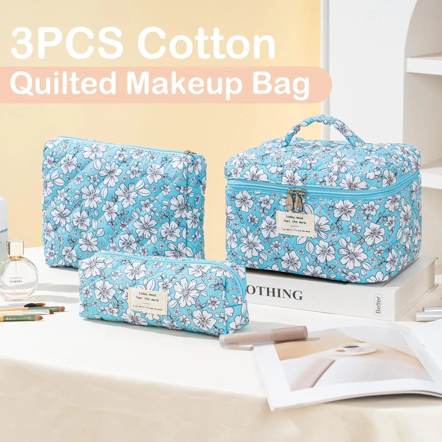 UYUUY Makeup Bag for Women 3PCS Quilted Cotton Make Up Bag Travel Cosmetic Bag Large Makeup Bag Set Cute Makeup Bag Organizer Floral Toiletry Bag Makeup Pouch for Purse, Blue and White