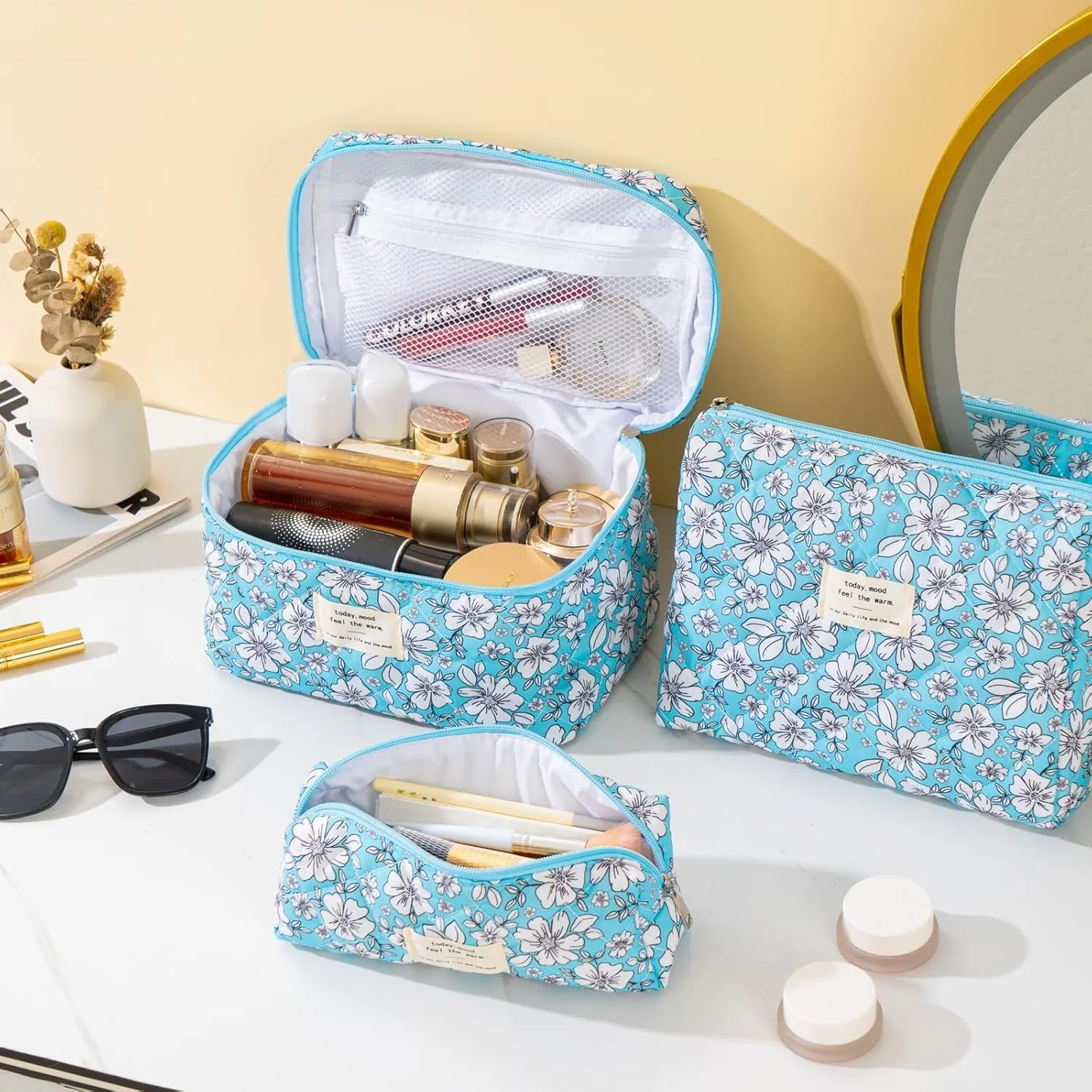 UYUUY Makeup Bag for Women 3PCS Quilted Cotton Make Up Bag Travel Cosmetic Bag Large Makeup Bag Set Cute Makeup Bag Organizer Floral Toiletry Bag Makeup Pouch for Purse, Blue and White
