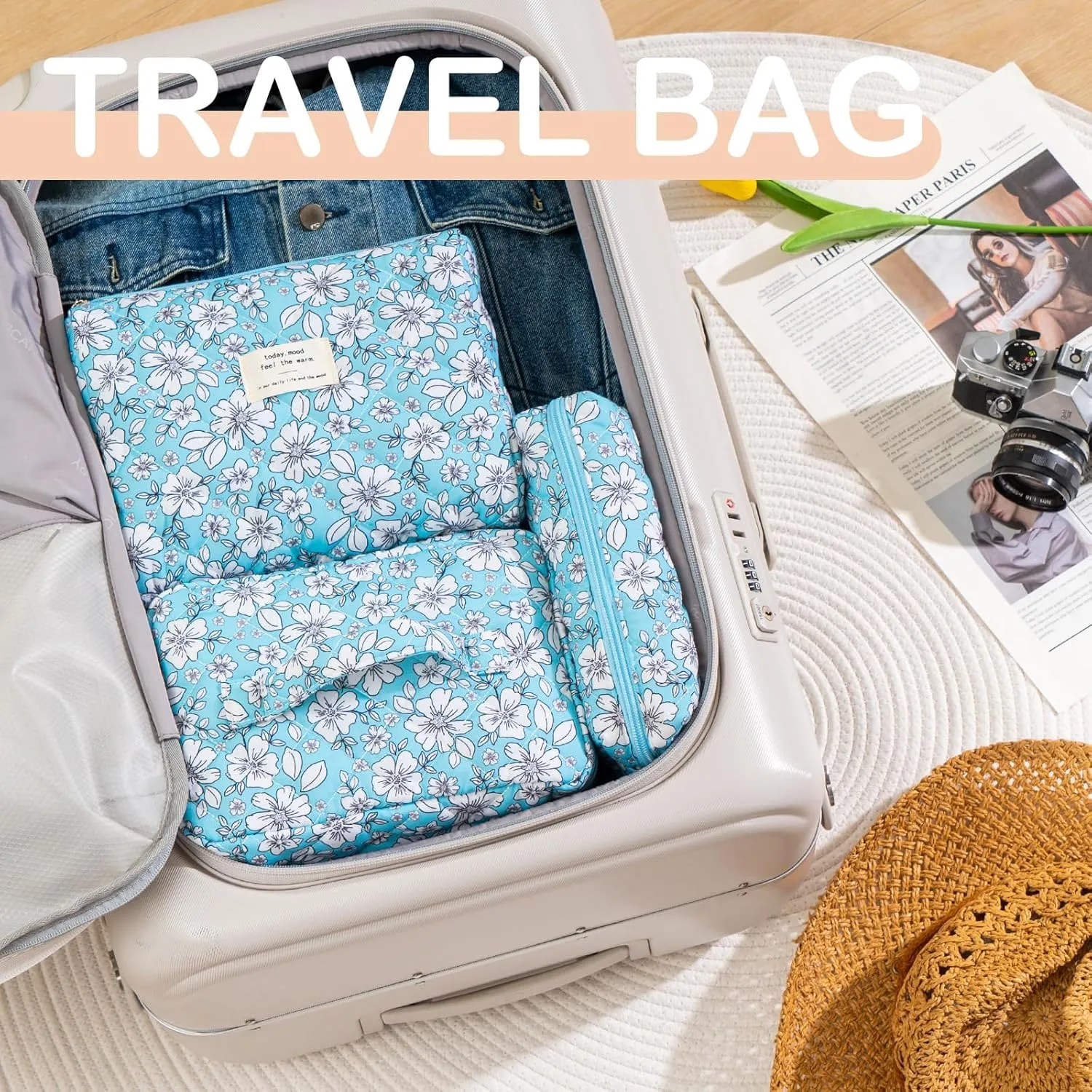 UYUUY Makeup Bag for Women 3PCS Quilted Cotton Make Up Bag Travel Cosmetic Bag Large Makeup Bag Set Cute Makeup Bag Organizer Floral Toiletry Bag Makeup Pouch for Purse, Blue and White