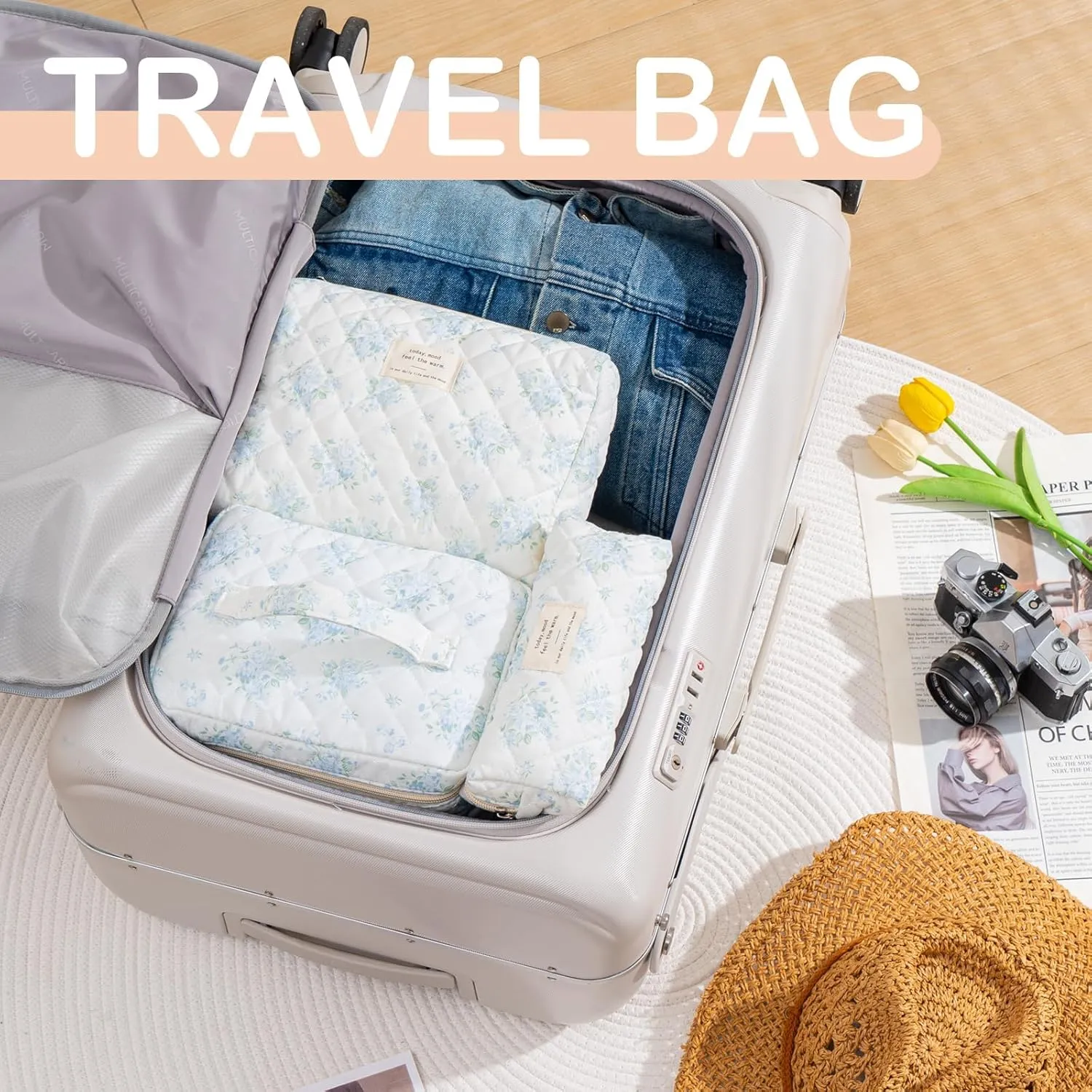 UYUUY Makeup Bag for Women 3PCS Quilted Cotton Make Up Bag Travel Cosmetic Bag Large Makeup Bag Set Cute Makeup Bag Organizer Floral Toiletry Bag Makeup Pouch for Purse, Blue