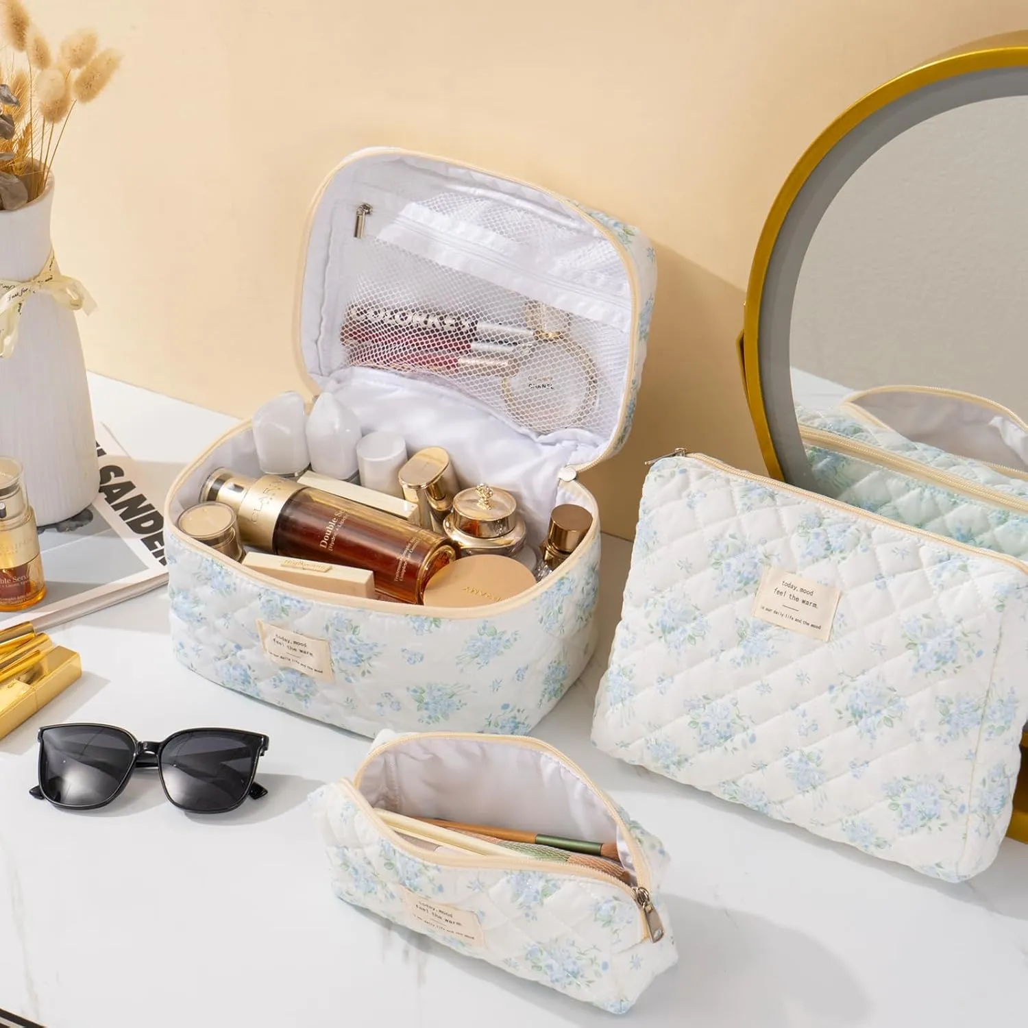 UYUUY Makeup Bag for Women 3PCS Quilted Cotton Make Up Bag Travel Cosmetic Bag Large Makeup Bag Set Cute Makeup Bag Organizer Floral Toiletry Bag Makeup Pouch for Purse, Blue