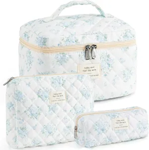 UYUUY Makeup Bag for Women 3PCS Quilted Cotton Make Up Bag Travel Cosmetic Bag Large Makeup Bag Set Cute Makeup Bag Organizer Floral Toiletry Bag Makeup Pouch for Purse, Blue