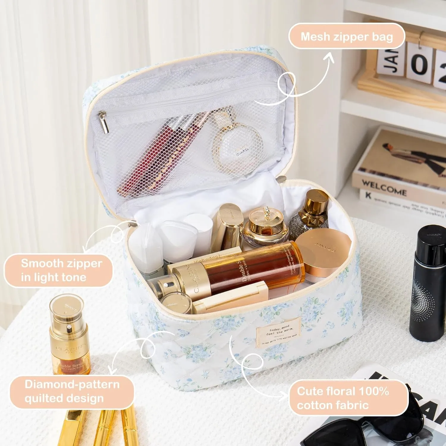 UYUUY Makeup Bag for Women 3PCS Quilted Cotton Make Up Bag Travel Cosmetic Bag Large Makeup Bag Set Cute Makeup Bag Organizer Floral Toiletry Bag Makeup Pouch for Purse, Blue