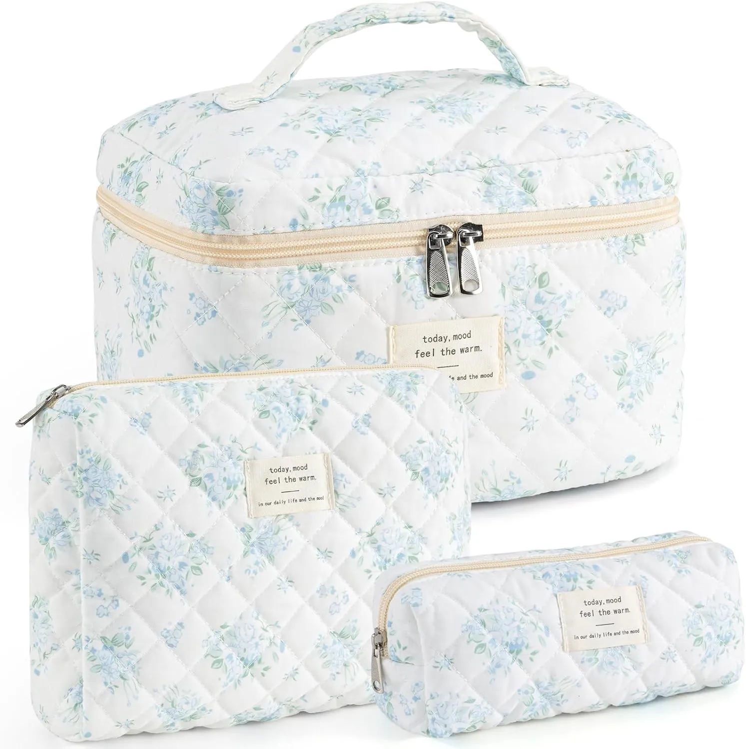 UYUUY Makeup Bag for Women 3PCS Quilted Cotton Make Up Bag Travel Cosmetic Bag Large Makeup Bag Set Cute Makeup Bag Organizer Floral Toiletry Bag Makeup Pouch for Purse, Blue