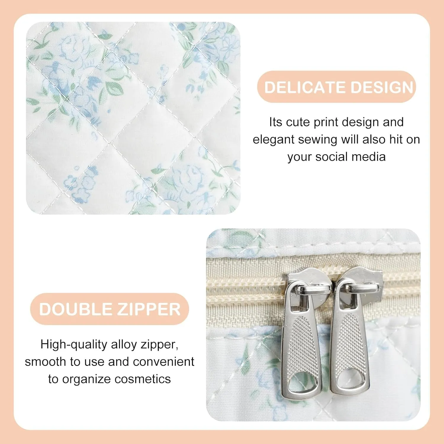 UYUUY Makeup Bag for Women 3PCS Quilted Cotton Make Up Bag Travel Cosmetic Bag Large Makeup Bag Set Cute Makeup Bag Organizer Floral Toiletry Bag Makeup Pouch for Purse, Blue