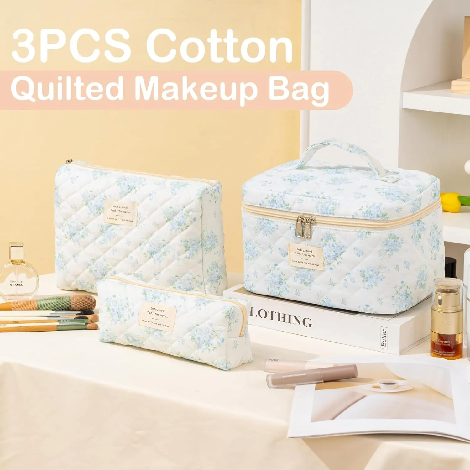 UYUUY Makeup Bag for Women 3PCS Quilted Cotton Make Up Bag Travel Cosmetic Bag Large Makeup Bag Set Cute Makeup Bag Organizer Floral Toiletry Bag Makeup Pouch for Purse, Blue
