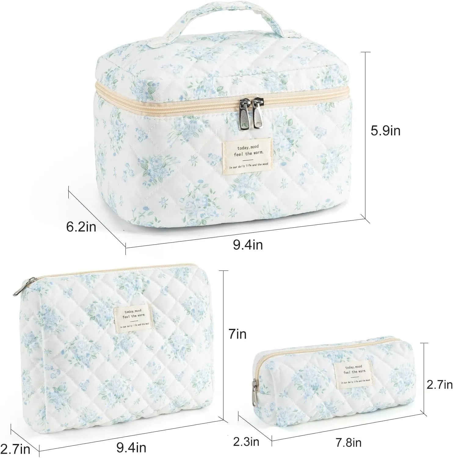 UYUUY Makeup Bag for Women 3PCS Quilted Cotton Make Up Bag Travel Cosmetic Bag Large Makeup Bag Set Cute Makeup Bag Organizer Floral Toiletry Bag Makeup Pouch for Purse, Blue