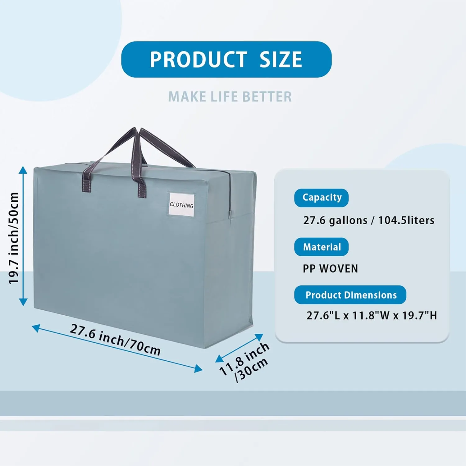 VENO 4 Pack Heavy Duty Moving Bags, Storage Bags, Packing Supplies, Top Zipper, Storage Totes for Camping, Clothes, Bedding, Comforters, Pillows (27 Gallon Light Blue, 4 Pack)