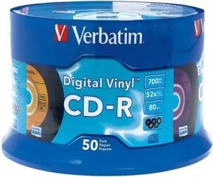 Verbatim CD-R Blank Discs 700MB 80min 52X Recordable Disc for Data and Music with Digital Vinyl Surface - 50pk Spindle Blue/Green/Orange/Pink/Purple
