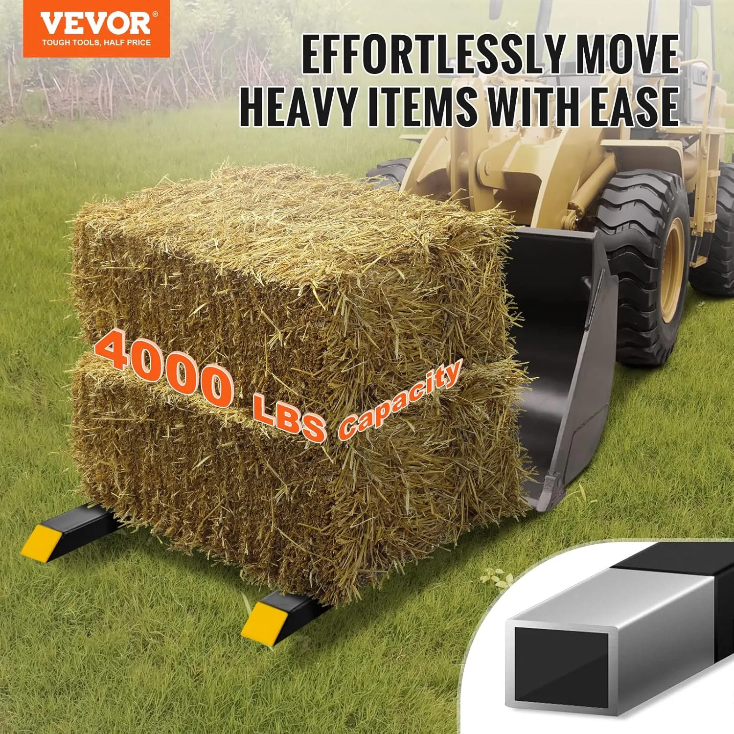 VEVOR Pallet Forks, 4000 lbs Clamp on Pallet Forks, 60" Total Length Heavy Duty Pallet Forks with Adjustable Stabilizer Bar, Tractor Bucket Forks for Loader Bucket Skid Steer Tractor