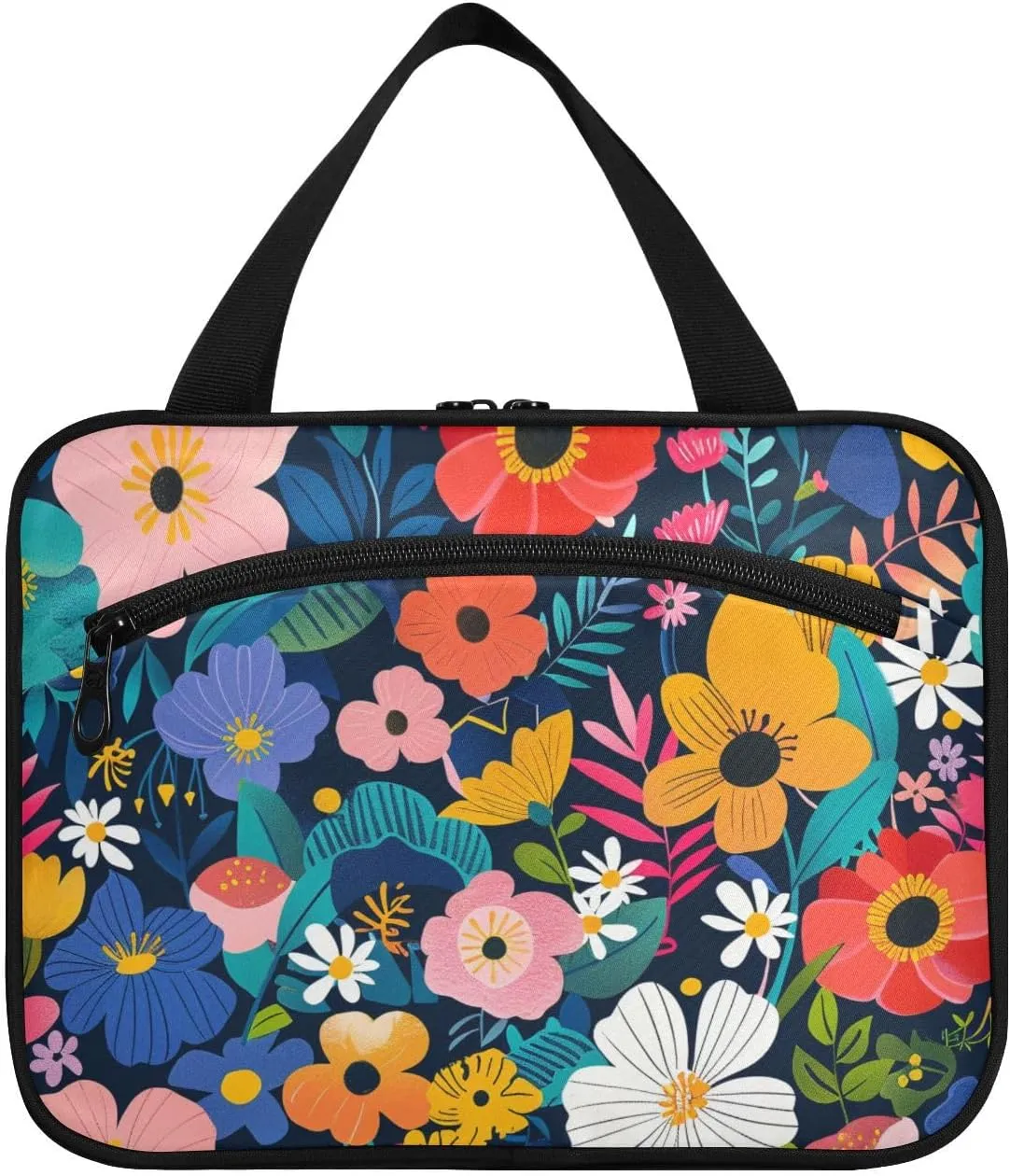 Vibrant and Colorful Floral Pattern hanging mens travel bag toiletry with hook, designer compact make up bag for women backpacking estuche de maquillaje para mujer M