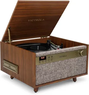 Victrola Century 6-in-1 Vinyl Record Player & Music Center – 3-Speed Turntable, CD & Cassette Player, VINYLSTREAM, Bluetooth & 3.5mm Aux, Record Player with Speakers, Mid Century Design, Walnut